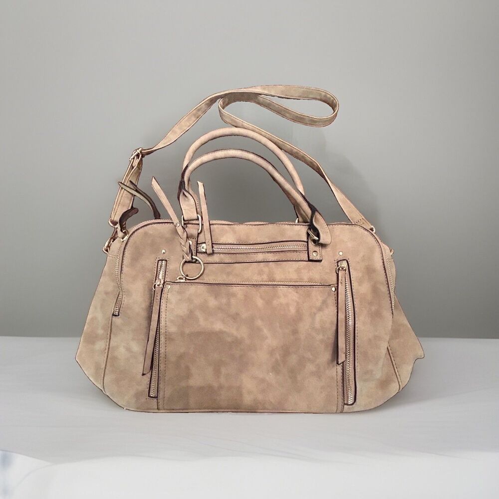 Tan Faux Suede Large Satchel Top Handle Zip Bag Detachable Crossbody Strap